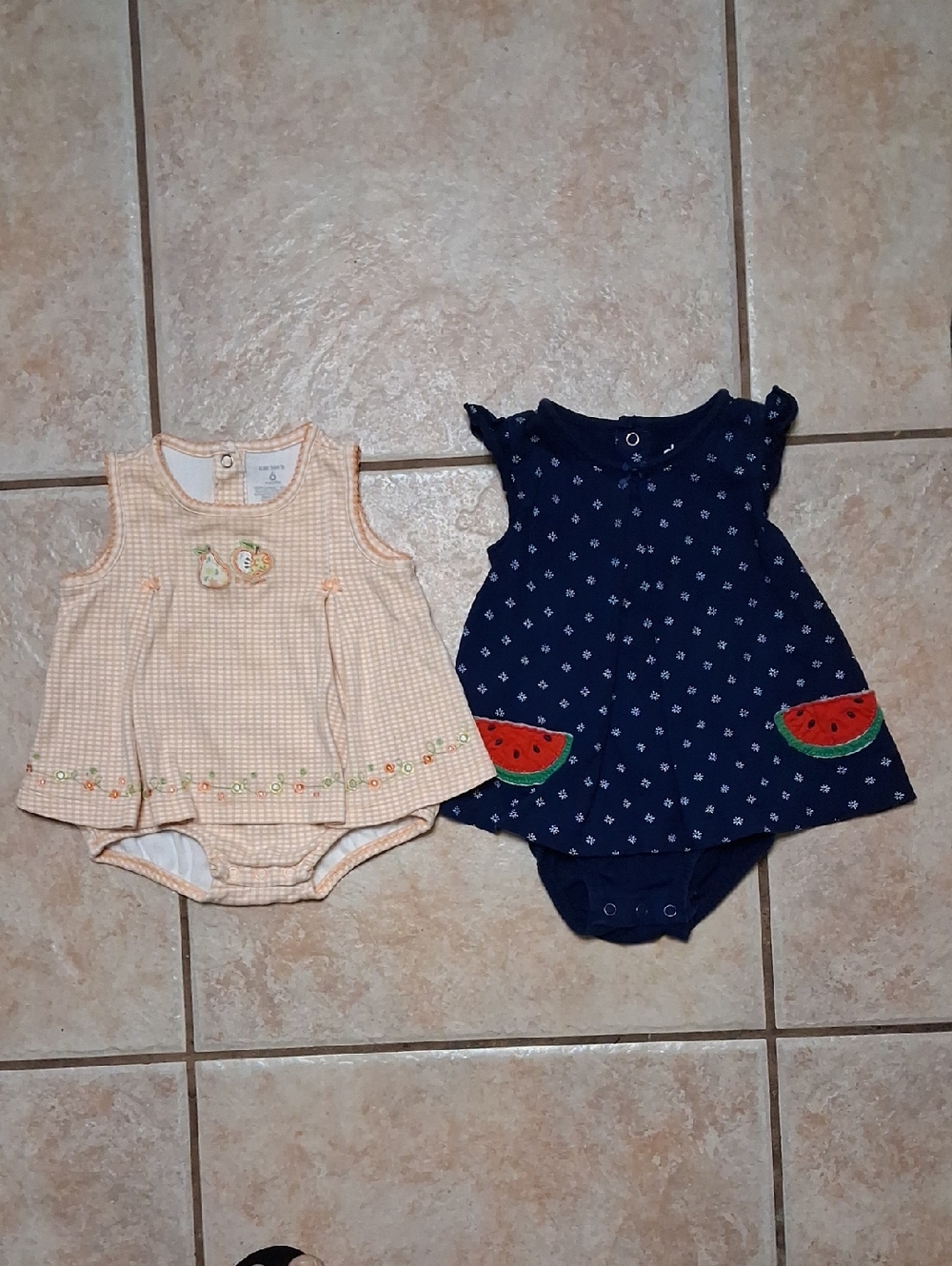 Peach Gingham Baby Dress And Blue Baby Dress With Watermelons. Size 6 Months.